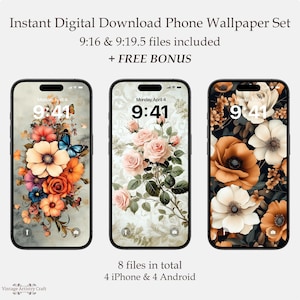 以下が含まれることがあります： 花柄のデザインが施されたデジタル携帯電話用壁紙8点セット。3つの携帯電話の画面が表示されており、それぞれ異なる花柄になっています。1つはカラフルな花束、1つはピンクのバラ、もう1つは暗い背景にオレンジと白の花が描かれています。携帯電話の画面の上に「9:16 & 9:19.5 ファイルが含まれています + 無料ボーナス」というテキストが表示されています。