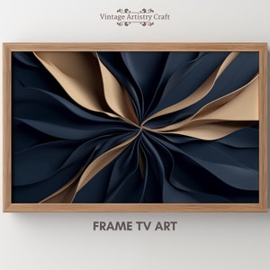 May include: Abstract art print in a wooden frame featuring a swirling pattern of navy blue and beige shapes. The print is titled "FRAME TV ART".