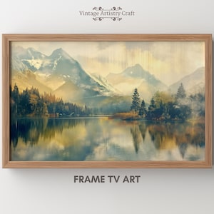 4K Samsung フレーム TV アート 山 湖 松の木 風景 水彩画 Naturelover ホーム ファームハウス デコレーション デジタル ダウンロード スクリーンセーバー