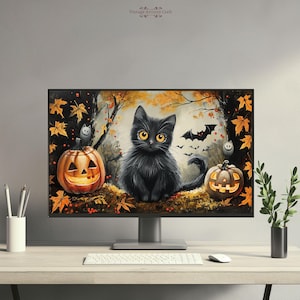 May include: A black cat with yellow eyes sits in a forest setting with two jack-o'-lanterns, a bat, and a ghost. The scene is painted in a whimsical style with autumn leaves and branches.