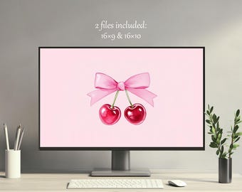 Valentine&#39;s Day Wallpaper Cute Cherries Romantic Desktop 4K PC Mac Laptop Macbook Windows Pink Bow Love Background Instant Digital Download