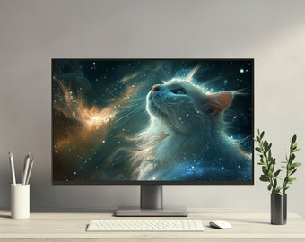 Söt kosmisk katt estetisk skrivbordsbakgrund 4K PC Macbook Laptop iMac Windows Söt minimalistisk skrivbordsbakgrund HQ Digital direktnedladdning