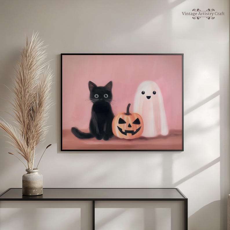 Cute Halloween Wall Art Printable, Black Cat and Ghost Pink Print ...