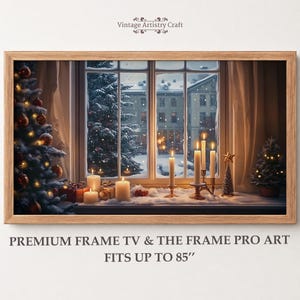 Cuadro navideño para TV con marco de ventana, calle nevada iluminada con velas y árbol de Navidad, pintura navideña vintage, descarga para Samsung The Frame 4K