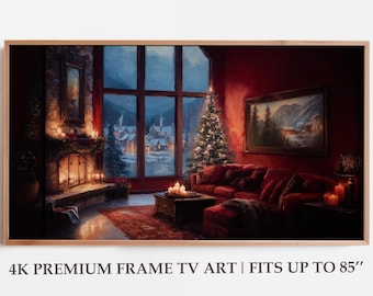 May include: A framed digital art print depicting a cozy living room scene with a fireplace, Christmas tree, and a large window overlooking a snowy landscape. The text "4K PREMIUM FRAME TV ART | FITS UP TO 85" is visible.
