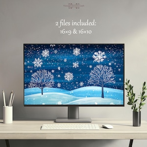 Könnte beinhalten: Ein Computermonitor zeigt ein digitales Gemälde einer Winterszene mit zwei Bäumen und fallenden Schneeflocken auf blauem Hintergrund. Der Text "2 Dateien enthalten: 16x9 & 16x10" wird auf dem Bildschirm angezeigt.