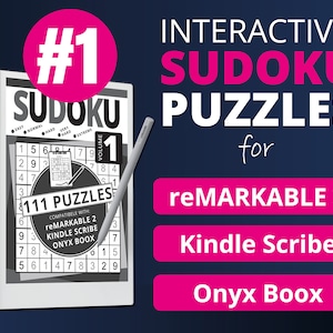 Könnte beinhalten: Ein digitales Tablet zeigt das Cover eines Sudoku-Puzzle-Buches mit dem Text "#1 Sudoku 111 Puzzles" und "Kompatibel mit: Remarkable 2, Kindle Scribe, Onyx Boox". Das Tablet befindet sich auf einem rosa Hintergrund mit dem Text "Interactive Sudoku Puzzles for Remarkable 2, Kindle Scribe, Onyx Boox" in weiß.