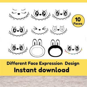 May include: A collection of ten different black and white cartoon face designs. The faces have various expressions, including closed eyes, stars, and open mouths. Text at the bottom reads "Different Face Expression Design Instant download."