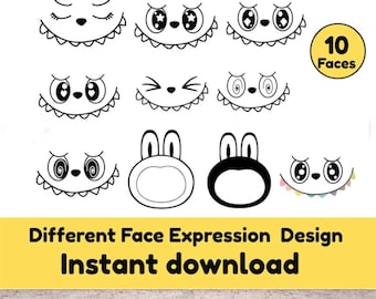 Caras de monstruo Labubu SVG, archivos digitales kawaii (10 caras)