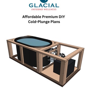 Peut inclure: Un cadre en bois avec une cuve de plongée froide noire à l'intérieur. La cuve est remplie d'eau et est équipée d'un système de pompage. Le texte "GLACIAL INFERNO WELLNESS" et "Affordable Premium DIY Cold-Plunge Plans" est visible au-dessus de la cuve.