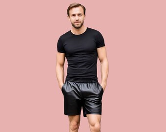 Short noir en cuir véritable pour homme, short en cuir d'été noir pour homme, short court en cuir véritable pour homme, cadeau pour lui,