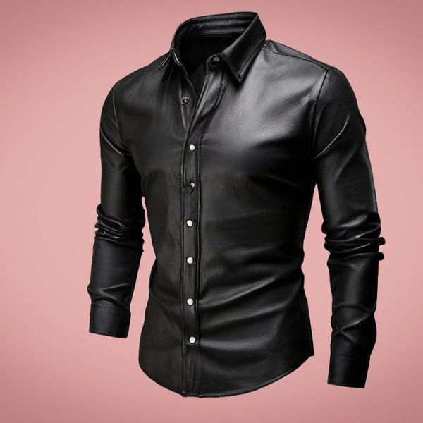 Handmade Mens Black Leather Shirt, Custom Leather Slim fit Shirt, Black Leather Shirt for Men