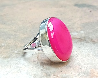 Handmade Pink Agate Ring Handmade Gemstone 925 Sterling Silver Ring Fuschia Gemstone Pretty Fashion Ring  Bold Statement Jewelry  Adjustable