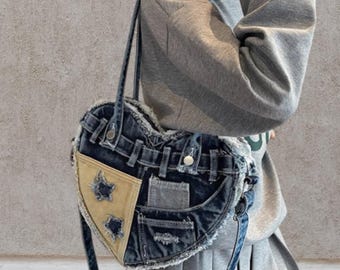 Bolso de mezclilla con forma de corazón, bolso de patchwork vintage, bolso bandolera Y2K, bolso vaquero