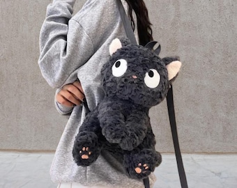 Grey Plush Cat Backpack: Adorable Soft School Bag