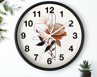 Boho Rose Wall Clock, Retro Abstract Clock, Minimalist Modern Wall Clock, Home Cottage Cabin Wall Clock, Unique Wood Frame Wall Clock V16