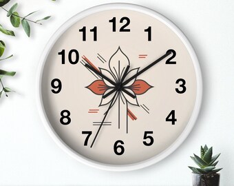 Botanical Retro Wall Clock, Boho Abstract Flower Wall Clock, Home Cottage Cabin Wall Clock, Housewarming Gift, Unique Wood Frame Clock V61