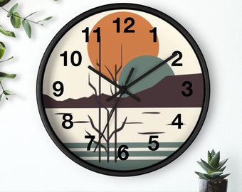 Boho Mountain Wall Clock, Minimalist Abstract Wall Clock, Modern Wall Clock, Landscape Clock, Unique Wall Clock, Wood Frame Clock V51
