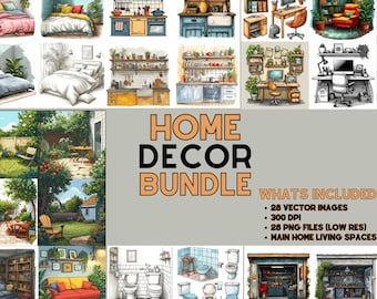 Home Decor Digital Art Bundle, Vintage Room Illustrations, Vector Files for Commercial Use, kitchen, basement, garage, washroom, clipart