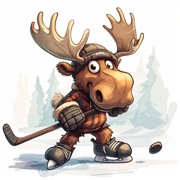 Cartoon Moose Playing Hockey Digital Clipart, Cute Winter Sports Illustration, Children's Book Art, Commercial Use, Downloadable Image