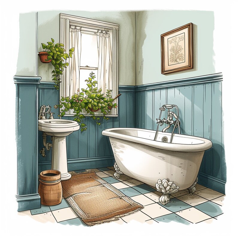 Vintage Bathroom Illustration, Digital Print, Classic Bath Decor, Home ...