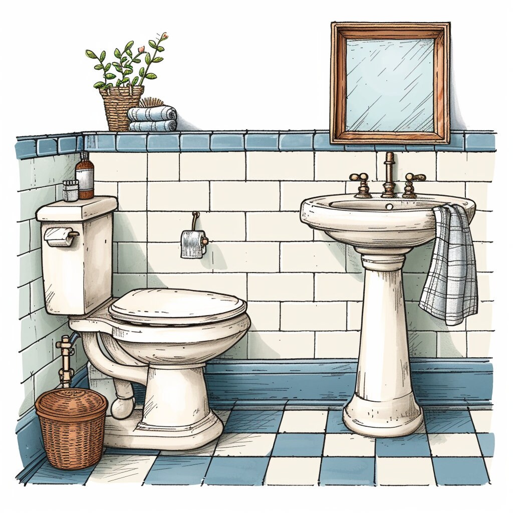 Hand-drawn Bathroom Illustration, Vintage Restroom Clipart, Digital ...