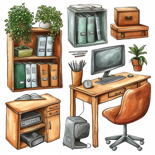 Vintage Office Furniture Clipart Set, Digital Desk and Chair Illustration, Rustic Bookshelf Drawer Decor, Commercial Use, Downloadable