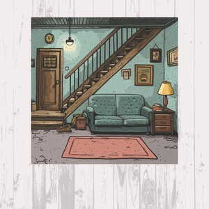 Vintage Cartoon Living Room Digital Art, Quirky Home Decor Clipart ...