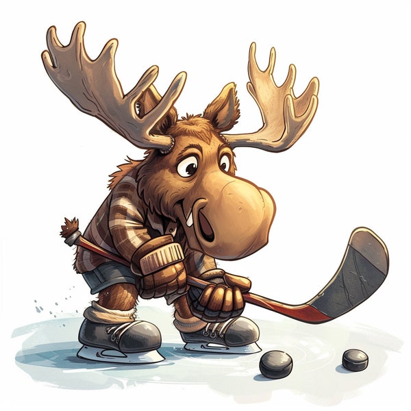 Cartoon Moose Playing Hockey Digital Clip Art, Instant Download, Commercial Use, Sports Illustration, Kids Room Decor, Scrapbooking Image