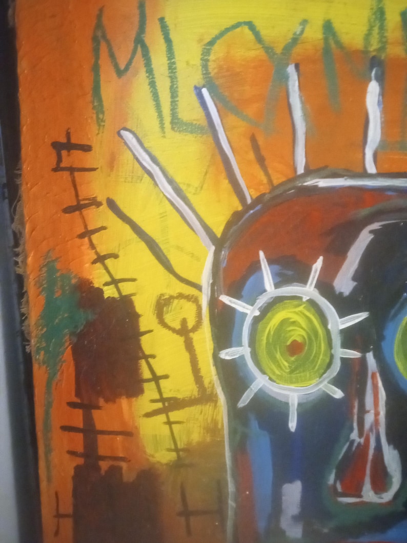 Puede incluir: Pintura abstracta con una cara azul, una estrella blanca y un ojo verde. El fondo es amarillo, naranja y marr&oacute;n con l&iacute;neas negras y la palabra "MILKY" escrita en verde.