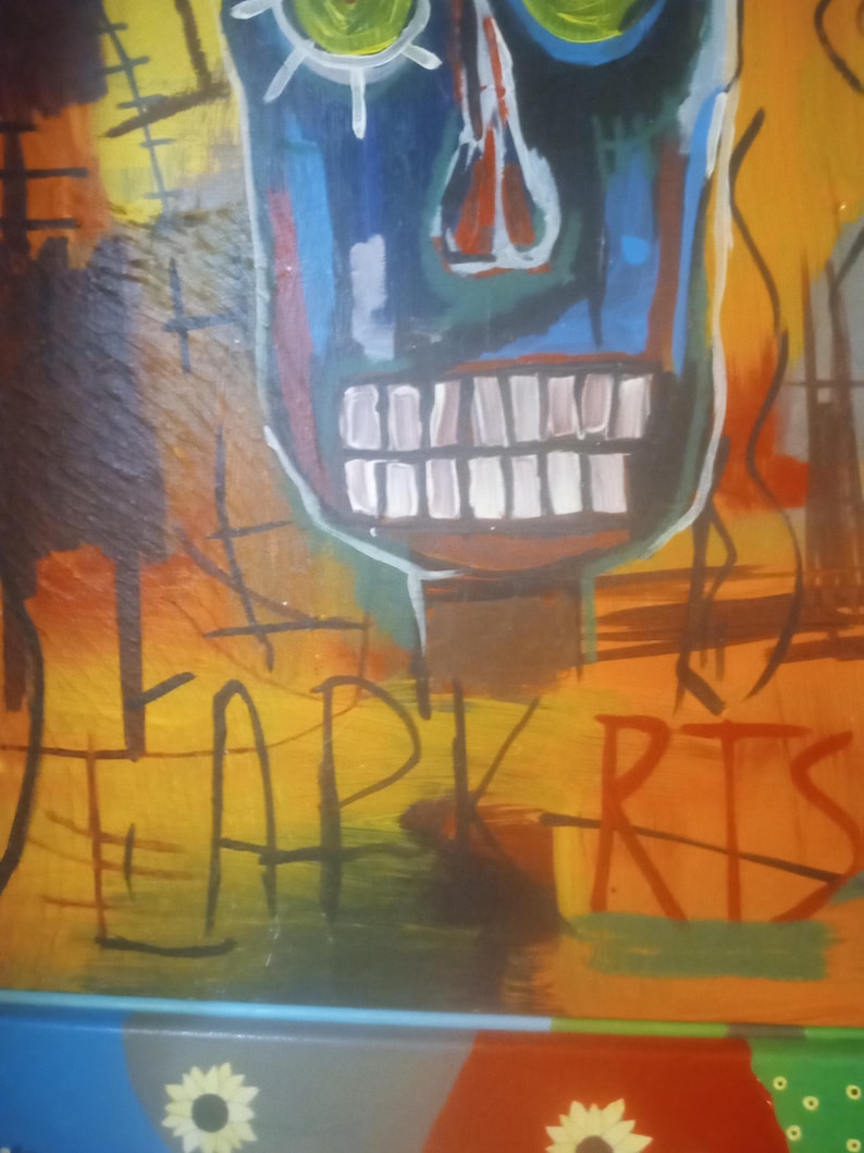 Puede incluir: Una pintura abstracta colorida con una cara de calavera azul y la palabra "ARTS" en letras rojas y negras.