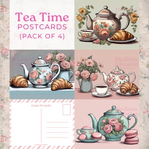Tea Time Postcards 4 Pack - French Breakfast - Croissant & Macarons - Pink Green Blue Floral Pastel Teapots Teacups Tea Set Carte Postale