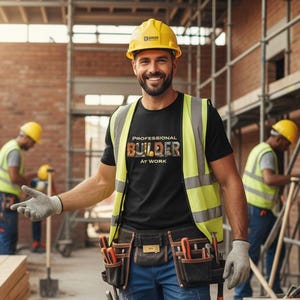 May include: A builder wearing a yellow hard hat, high-visibility vest, and a black t-shirt with the text "PROFESSIONAL BUILDER AT WORK." He is smiling and gesturing on a construction site. Other workers are visible in the background.