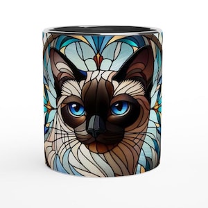 Siamese Cat: Art Nouveau Stained glass effect Artwork (Cat Breed Series 02)   - White 11oz Ceramic Mug
