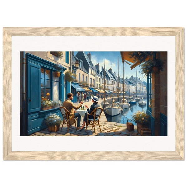 Cote d'Azur series Tranquillity  in a Romantic French Port Café Scene - Framed Wooden Print; Museum-Quality Matte Paper Framed Wall Art