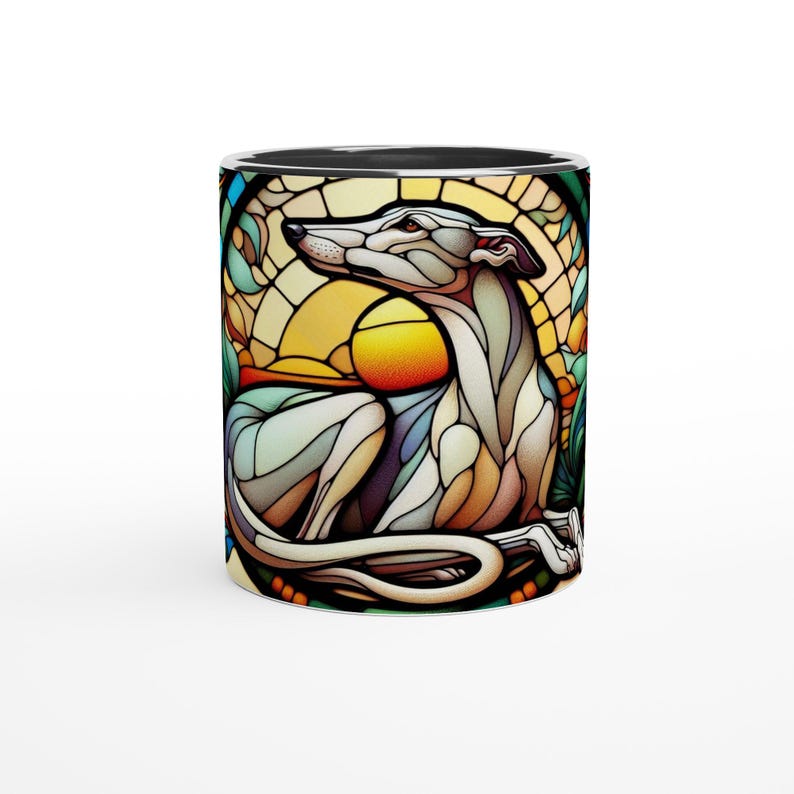 Greyhound, Art Nouveau Stained Glass Effect Artwork - White 11oz Ceramic Mug Bild 4