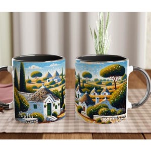 Puglia Italy Mug: Trulli Houses and Olive Groves - White Ceramic Mug
