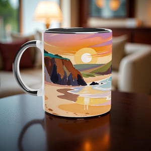 May include: White ceramic mug featuring a coastal landscape illustration. The design showcases a sunset over a beach with cliffs, ocean waves, and a bright sun. The mug has a black interior and a silver handle.