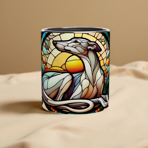 Greyhound, Art Nouveau Stained Glass  Effect Artwork   - White 11oz Ceramic Mug