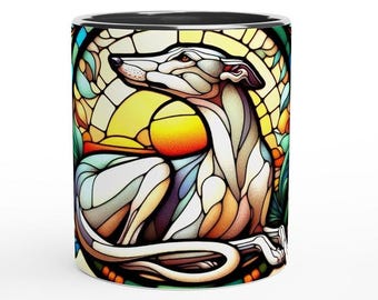 Greyhound, Art Nouveau Stained Glass  Effect Artwork   - White 11oz Ceramic Mug