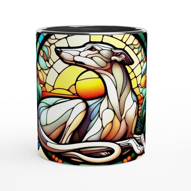 Greyhound, Art Nouveau Stained Glass  Effect Artwork   - White 11oz Ceramic Mug