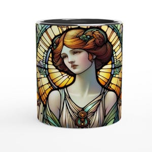 Art Nouveau Coffee Mug: Stained Glass Lady, Elegant Ceramic Mug