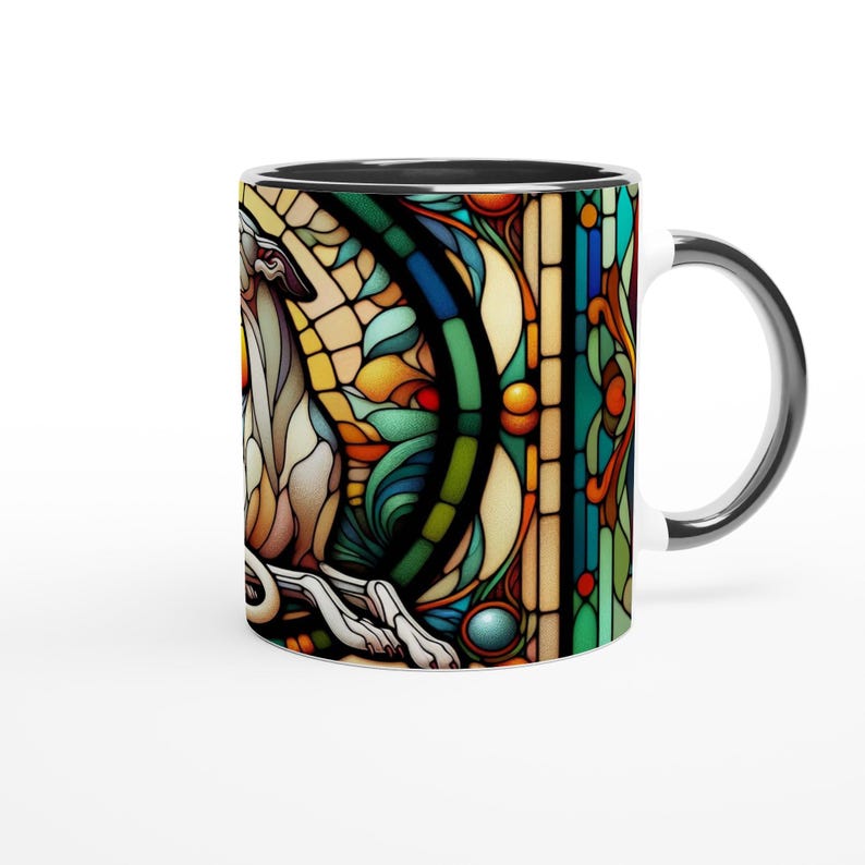 Greyhound, Art Nouveau Stained Glass Effect Artwork - White 11oz Ceramic Mug Bild 5