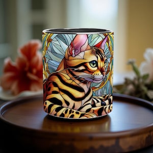 Art Nouveau Bengal Cat Mug: Stained Glass Effect Ceramic Mug
