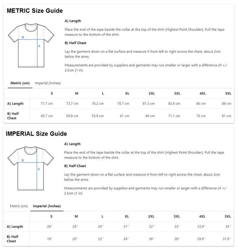 K&ouml;nnte beinhalten: Eine Gr&ouml;&szlig;entabelle f&uuml;r T-Shirts mit Diagrammen und Ma&szlig;en in metrischen (cm) und imperialen (Zoll) Einheiten. Enth&auml;lt Anweisungen zum Messen von L&auml;nge und halber Brust. Gr&ouml;&szlig;en von S bis 5XL, L&auml;ngen von 71.1 cm bis 89 cm.