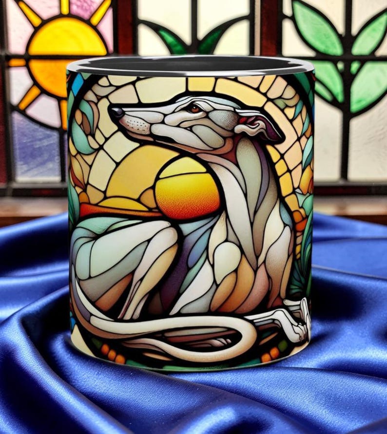 Greyhound, Art Nouveau Stained Glass Effect Artwork - White 11oz Ceramic Mug Bild 8