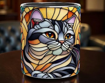 Art Nouveau European Shorthair Cat Mug: Stained Glass Effect