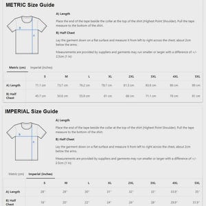 May include: A t-shirt size guide with measurements in both centimetres and inches. Diagrams illustrate how to measure length and half chest. Sizes range from S to 5XL, with lengths from 71.1 cm to 89 cm.