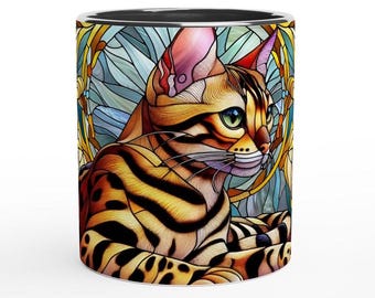 Bengal Cat: Art Nouveau Stained glass effect Artwork (Cat Breed Series 06)   - White 11oz Ceramic Mug