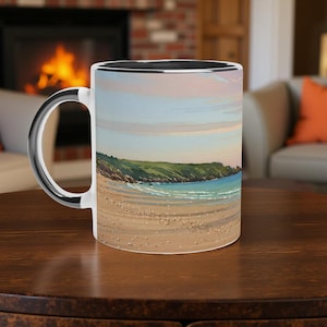 Cornwall Beach Scene Mug: Coastal Solitude, Colour Inside